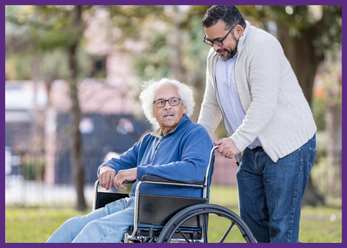 photo of a man pushing his senior father in a wheelchair - hospital fall prevention programs can avoid long-term effects of falls