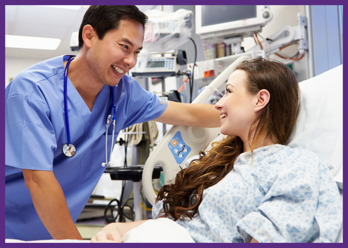photo of a young woman in a hospital bed, talking to a male doctor - communicate better with doctors involves making sure you understand what your doctor is saying