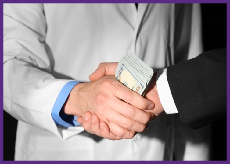 photo of the hand of a man in a suit passing a pile of money to a doctor in a white coat - drug company payments influence doctors