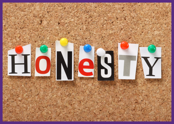 photo of the word honesty spelled out letter by letter on a corkboard - being honest with your doctors can help you get the best care and outcome possible