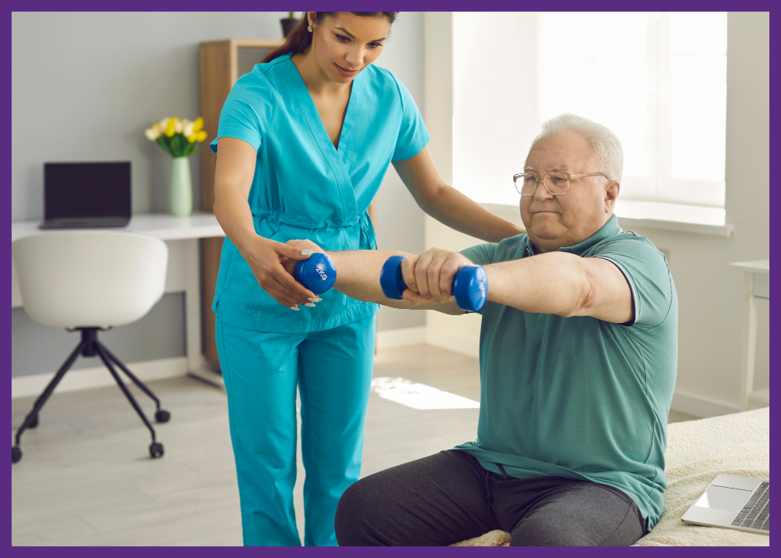 photo of a female physical therapist helping an older man lift weights while he sits on his bed at home - getting physical therapy at home can be part of getting medical care at home