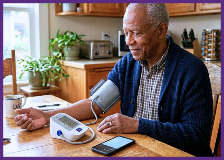 Photo of senior man taking his blood pressure at his kitchen table, with his smartphone on the table - Telenursing support for monitoring devices will make it easier to know what to do